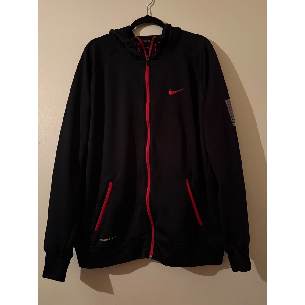 Nike Therma-FIT Mens Full Zip Performance Hoodie Black Red 596322-011 XXL